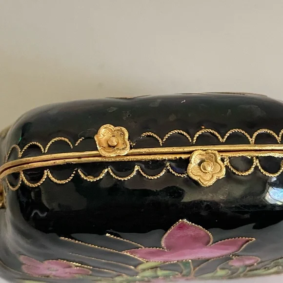Cloisonné Purse Handbag Trinket Box Black Pink Flowers 3.5" - Picture 6 of 10
